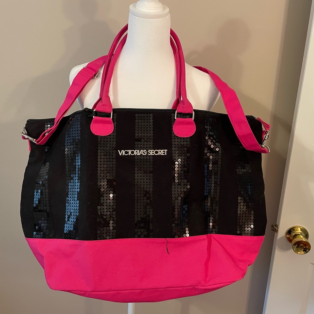 Victoria's Secret Black and Pink Weekender Tote Bag with Sequined Finish